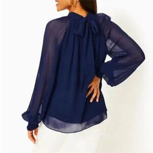 Lilly Pulitzer Ellielynn Sheer Long Sleeve Top In Low Tide Navy - Size 12